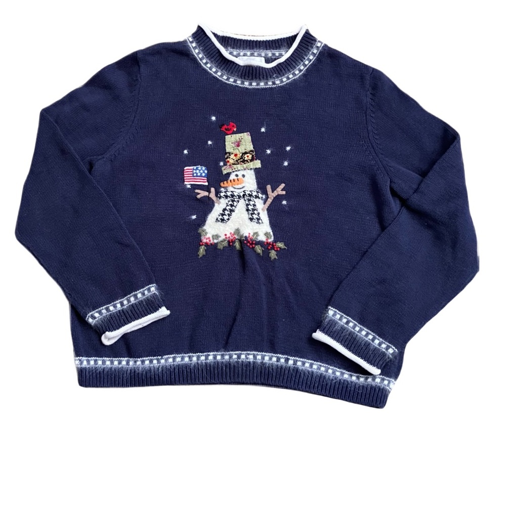 Christopher & Banks Embroidered Snowman Sweater, Sz. M, Navy w/ White Trim